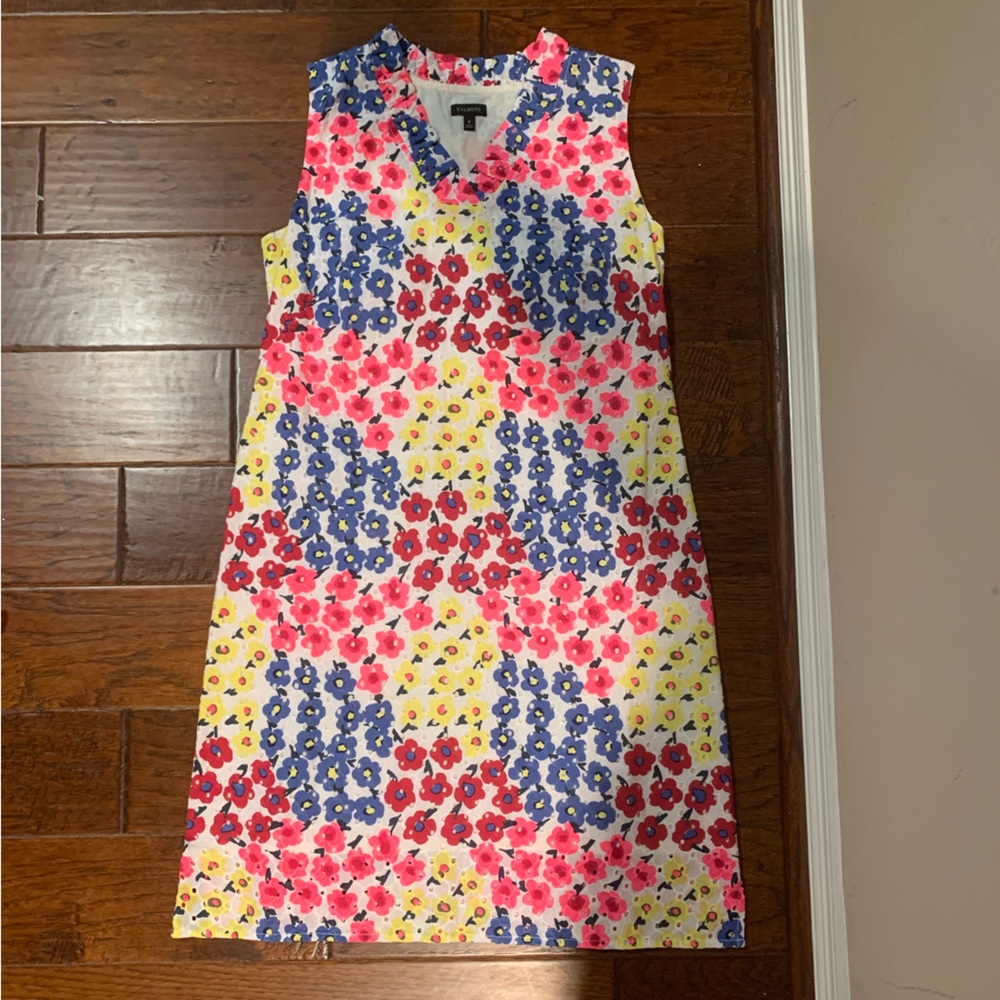EUC Talbots Sleeveless Ruffle Collar Shift Dress in Bright Floral Eyelet 10